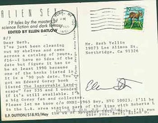 Item #19-7007 Postcard addressed to Herb Yellin of the Lord John Press, from Ellen Datlow,...