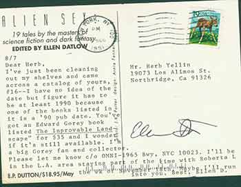 Item #19-7007 Postcard addressed to Herb Yellin of the Lord John Press, from Ellen Datlow, editor. Ellen Datlow, Herbert Yellin.