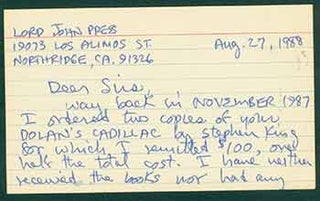 Item #19-7011 Note addressed to the Lord John Press, from John Sidelinger. John Sidelinger,...