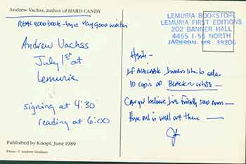 Item #19-7014 Postcard addressed to Herb Yellin of the Lord John Press, [from Andrew Vachss], author of Hard Candy. Andrew Vachss, Herbert Yellin.
