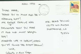 Item #19-7042 Postcard addressed to Herb Yellin of the Lord John Press, from Celeste and Max...