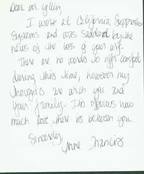 Item #19-7046 Sympathy card addressed to Herb Yellin of the Lord John Press, from Anne Francis....