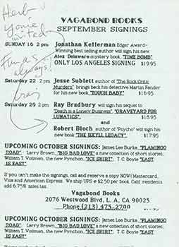 Item #19-7236 Autographed announcement for September Signings. References Ray Bradbury, Jesse Sublett. (This is the prospectus for the work, not the book itself). Vagabond Books.