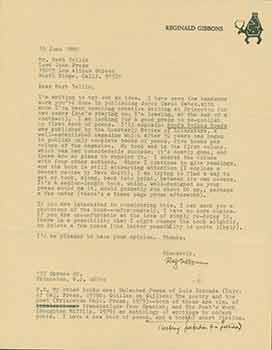 Item #19-7252 Signed letter to Herb Yellin from aspiring writer Reginald Gibbons. Herb Yellin.