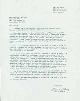 Item #19-7264 Signed letter to Herb Yellin from aspiring writer Carl F. Alsing. Herb Yellin