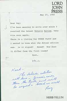 Item #19-7293 Signed note from Herb Yellin of the Lord John Press to Raymond J. Smith, with...