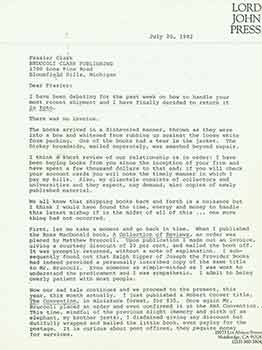 Item #19-7305 Letter from Herb Yellin of the Lord John Press to Frazier Clark or Bruccoli Clark...