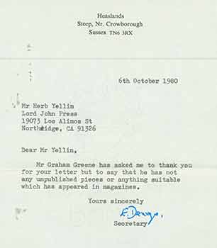 Item #19-7306 Letter from secretary to Graham Greene, to Herb Yellin of the Lord John Press. Graham Greene.