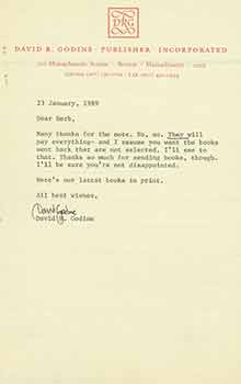 Item #19-7307 Signed letter from David R. Godine to Herb Yellin of the Lord John Press. David R. Godine Publisher.