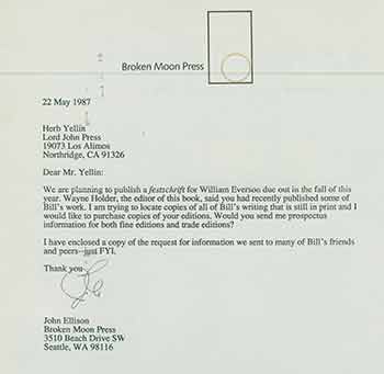Item #19-7321 Signed letter from John Ellison sent to Herb Yellin of the Lord John Press. Broken Moon Press/John Ellison.