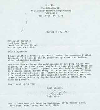 Stan Hart - Signed Letter from Stan Hart Sent to Herb Yellin of the Lord John Press