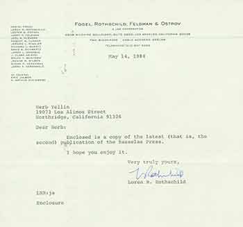Item #19-7340 Signed letter from Loren R. Rothschild sent to Herb Yellin of the Lord John Press. Rothschild Fogel, Feldman, Ostrov/Loren R. Rothschild.
