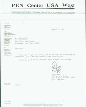 Item #19-7417 Signed letter from Digby Diehl of PEN Center USA West, sent to Herb Yellin of the...