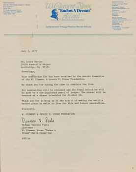 Item #19-7420 Signed letter from Norman Vincent Peale of W. Clement Stone Award, sent to Herb...