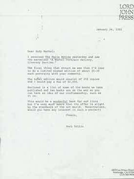 Item #19-7426 Letter from Herb Yellin of the Lord John Press to Andy Warhol. Lord John Press/Herb...