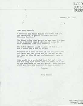 Item #19-7426 Letter from Herb Yellin of the Lord John Press to Andy Warhol. Lord John Press/Herb...