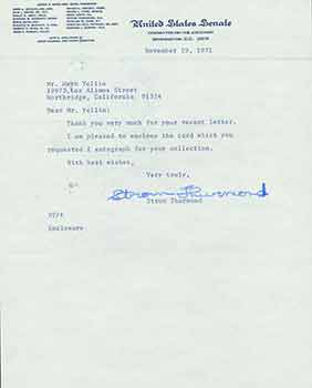 United States Senate/Strom Thurmond - Signed Letter from United States Senator Strom Thurmond to Herb Yellin of the Lord John Press