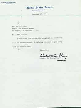 Item #19-7430 Signed letter from United States Senator Hubert H. Humphrey to Herb Yellin of the...