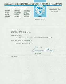 Item #19-7431 Signed letter from George Meany of the American Federation of Labor and Congress of Industrial Organizations, to Herb Yellin of the Lord John Press. American Federation of Labor, Congress of Industrial Organizations/George Meany.