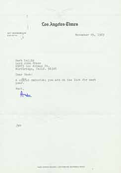 Item #19-7436 Signed letter from Art Seidenbaum, Book Editor at Los Angeles Times, to Herb Yellin...