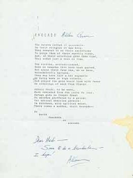 Item #19-7440 Avocado. A signed poem from poet Allan Covici to Herb Yellin of the Lord John...