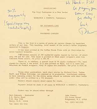 Item #19-7452 Signed prospectus announcement for first publication of “My Father’s Life”,...
