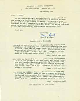 William B. Ewert, Publisher - Signed Cover Letter Accompanying Broadside for Caedmon by Denise Levertov, for Tess by Raymond Carver, the Steer by William Heyen