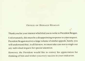 Office of Ronald Reagan - Card from the Office of President Ronald Reagan