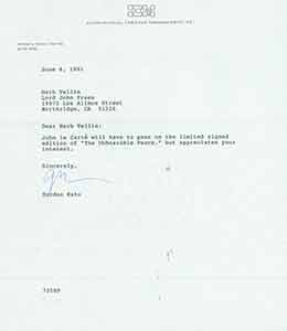 Item #19-7555 TLS from George Kato, literary agent, to Herb Yellin of Lord John Press, 6/4/1991....