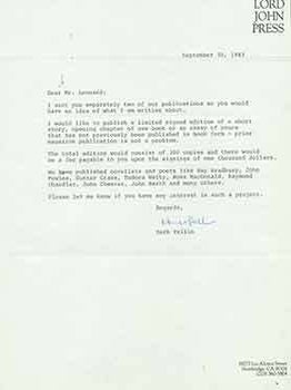 Item #19-7595 Signed letter from Herb Yellin to novelist Elmore Leonard. Lord John Press/Herb Yellin