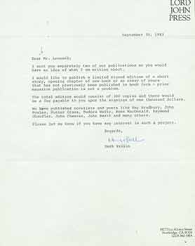 Item #19-7595 Signed letter from Herb Yellin to novelist Elmore Leonard. Lord John Press/Herb Yellin.
