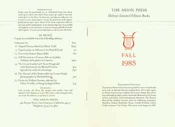 Item #19-7600 Announcement and publishing program for Fall 1985. The Arion Press.
