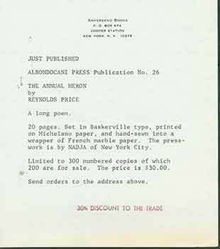 Item #19-7620 Announcement for Albondocani Press publication No. 26: The Annual Heron by Reynold...
