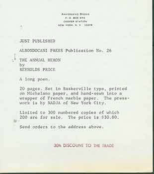 Item #19-7620 Announcement for Albondocani Press publication No. 26: The Annual Heron by Reynold...