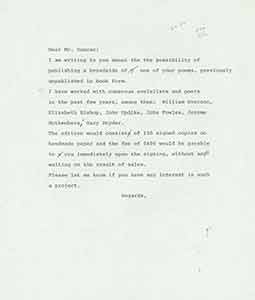 Item #19-7669 Draft of typed letter from Herb Yellin of Lord John Press to Robert Duncan. Herb...