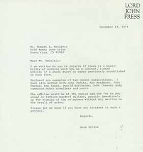 Item #19-7674 Draft of typed letter of solicitation from Herb Yellin of Lord John Press to Robert...