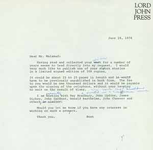 Item #19-7676 Draft of typed letter of solicitation from Herb Yellin of Lord John Press to...