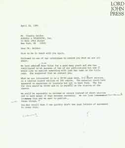 Item #19-7681 Draft of typed letter from Herb Yellin of Lord John Press to Timothy Seldes,...