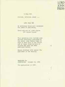 Item #19-7683 Typed call for submissions to Lord John Press Anthology, “Lord John Ten.”. Lord...