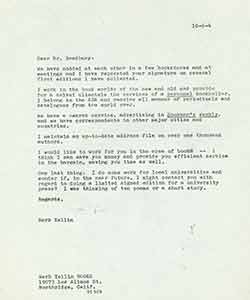 Item #19-7691 Draft of typed letter from Herb Yellin of Lord John Press to Ray Bradbury. Herb Yellin.