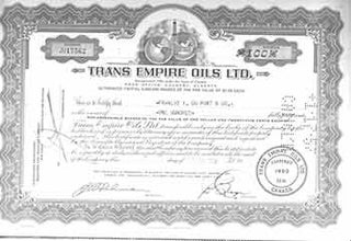 Item #19-7743 Certificate of 100 Shares. Trans Empire Oils LTD
