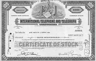 Item #19-7762 Common Stock Domestic Share Certificate. International Telephone, Telegraph...