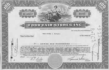 Item #19-7771 Certificate of 100 Fully-paid and Non-assessable Shares of the Par Value of $1 Each of Common Stock. Inc Food Fair Stores.