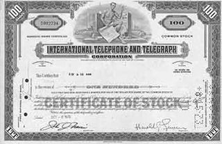 Item #19-7781 Common Stock Domestic Share Certificate. International Telephone, Telegraph...