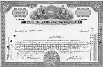 Item #19-7786 Certificate of 3 Fully-paid and Non-assessable Common Shares Without Par Value. Incorporated Air Reduction Company.