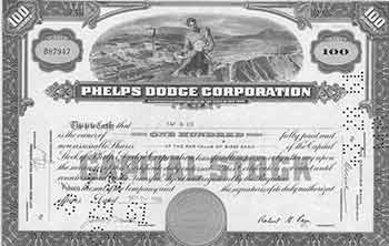 Item #19-7795 Certificate of 100 Fully-paid and Non-assessable Shares of Par Value $12.50 Each. Phelps Dodge Corporation.