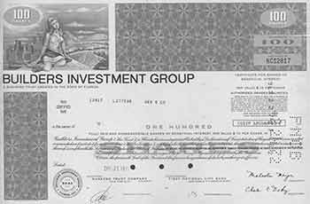 Item #19-7799 Certificate of 100 Fully-paid and Non-assessable Shares of Par Value Ten Cents Each. Builders Investment Group.