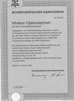 Schweizerischer Bankverein - Inhaber-Optionsschein. (Bearer Warrant, or, Options. )