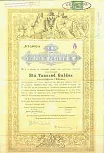 Item #19-7818 Austrian Bond Certificate for 1000 Gulden. Austro-Hungarian Monarchy.