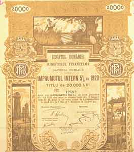 Item #19-7827 Domestic Loan Certificate, 20,000 lei. The Kingdom of Romania